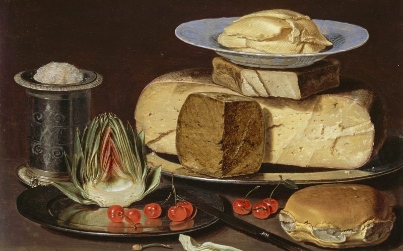 Clara Peeters, 1625, "Nature morte aux fromages, artichaut et cerises". LACMA, Los Angeles.